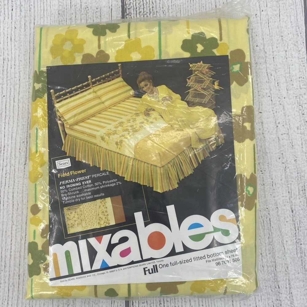 Sears Mixables Full Fitted Sheet Field Flower Yellow Floral Percale Vintage 70s